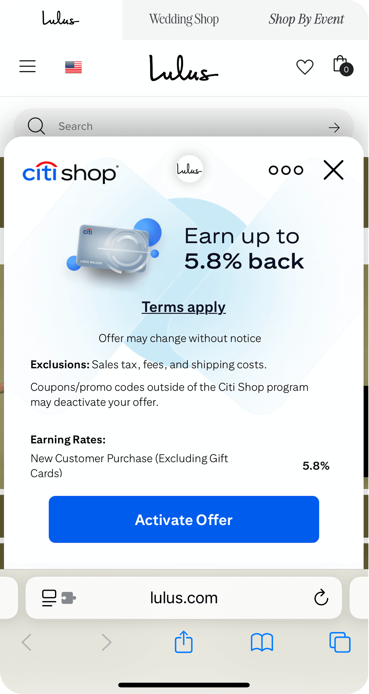 Citi Shop browser extension on a mobile shopping site