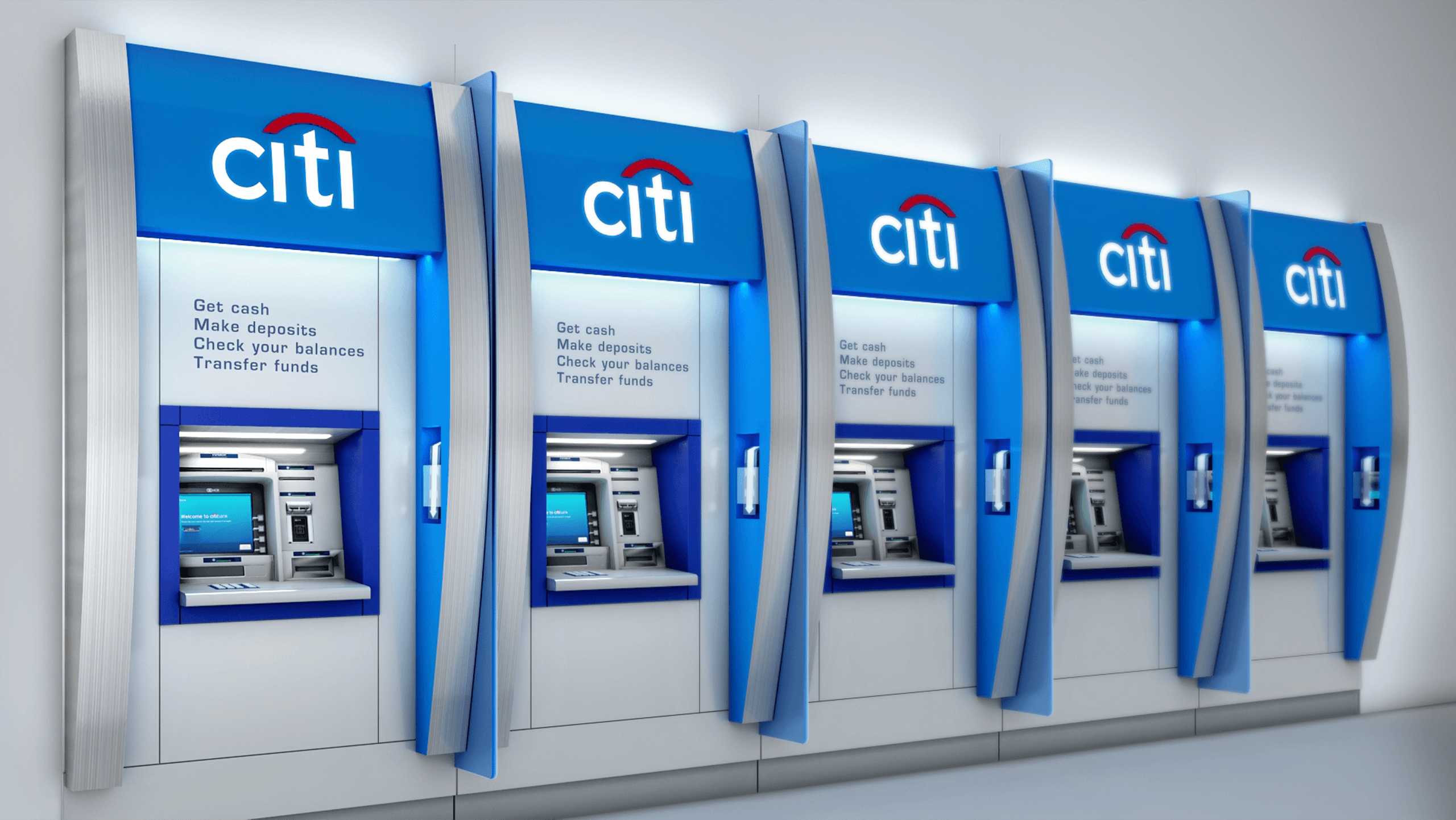 A row of modernized Citi ATMs displaying the redesigned self-service interface