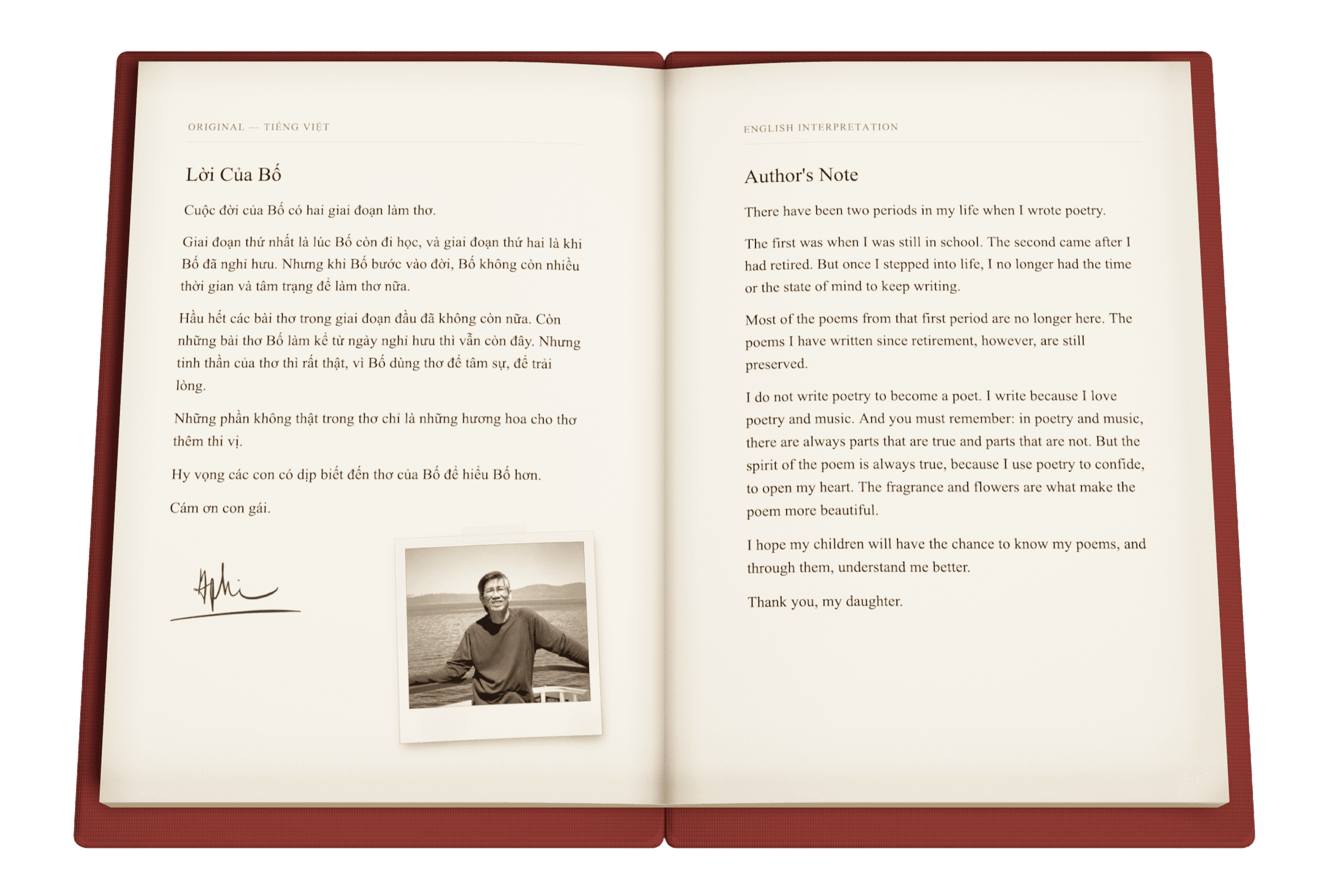 An open digital poetry book showing my dad’s Vietnamese poems side by side with English interpretations