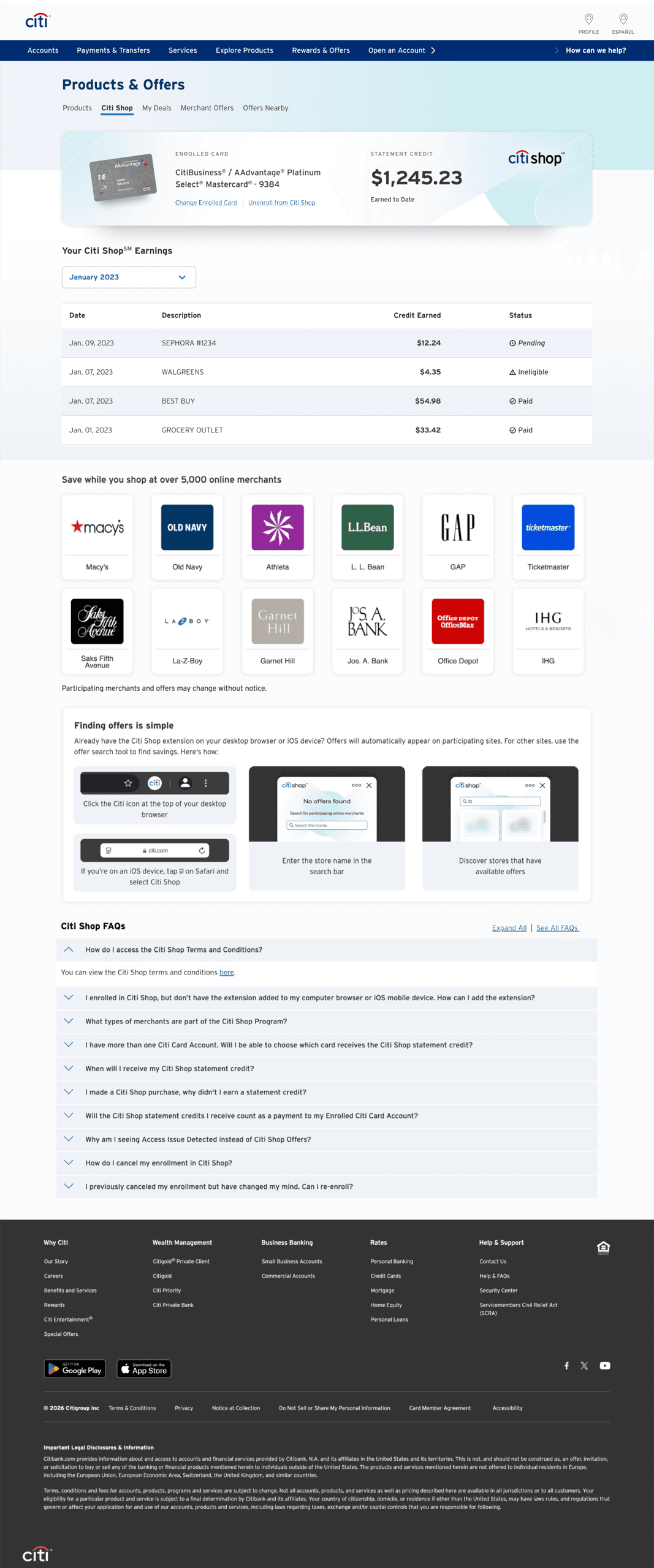 Citi Shop earnings dashboard showing rewards, statement credits, and merchant offers