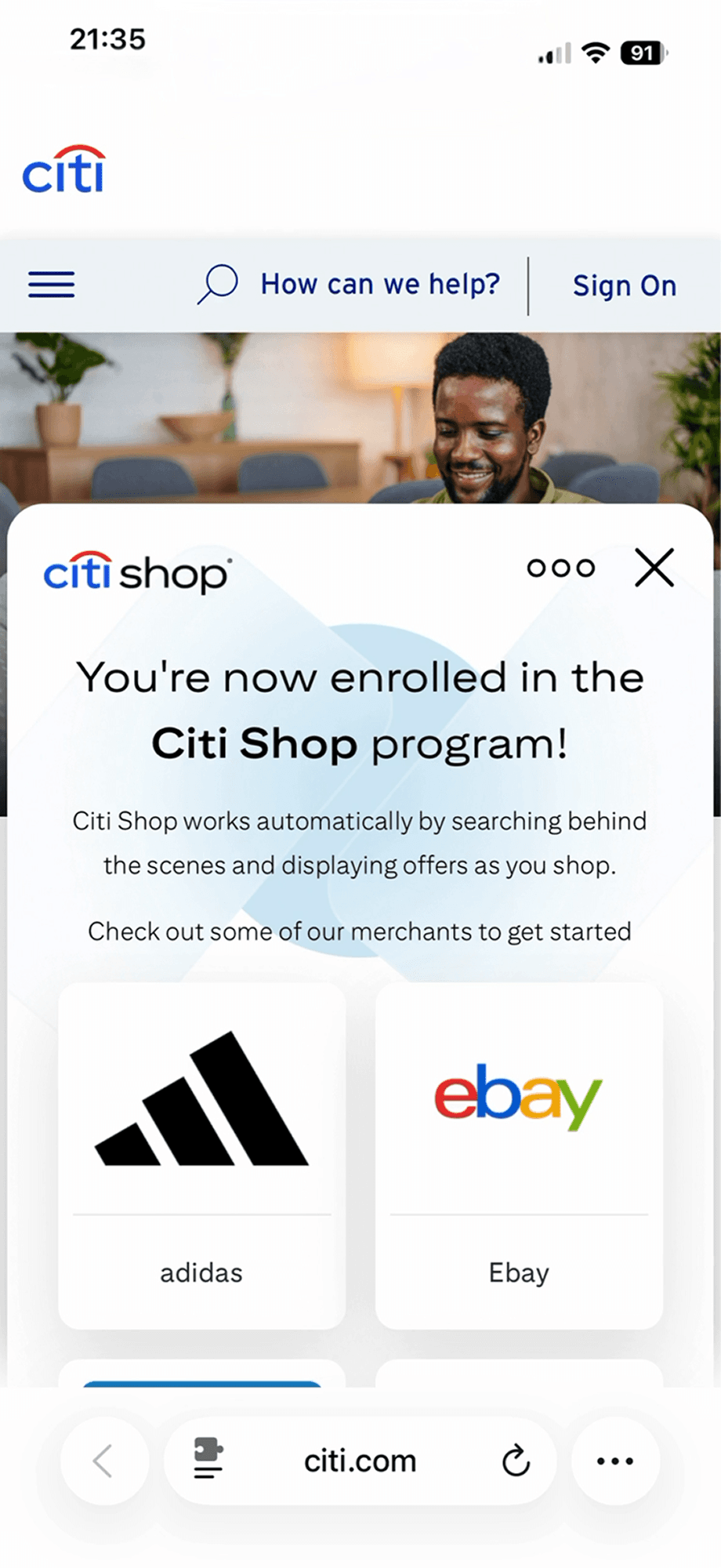 Citi Shop enrollment confirmation screen