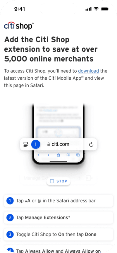Citi Shop iOS Safari setup screen