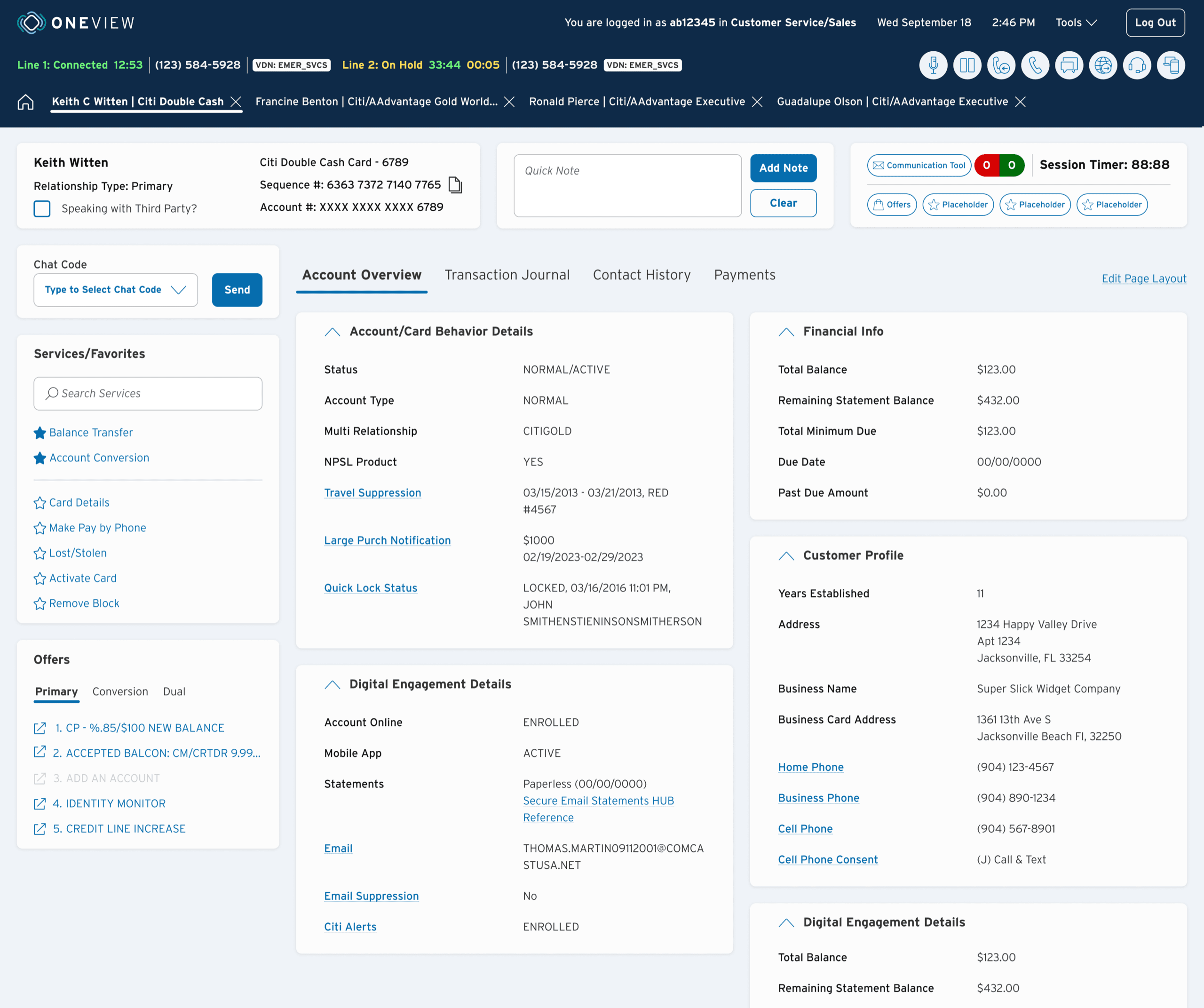 OneView servicing platform homepage — an agent workstation showing customer account details
