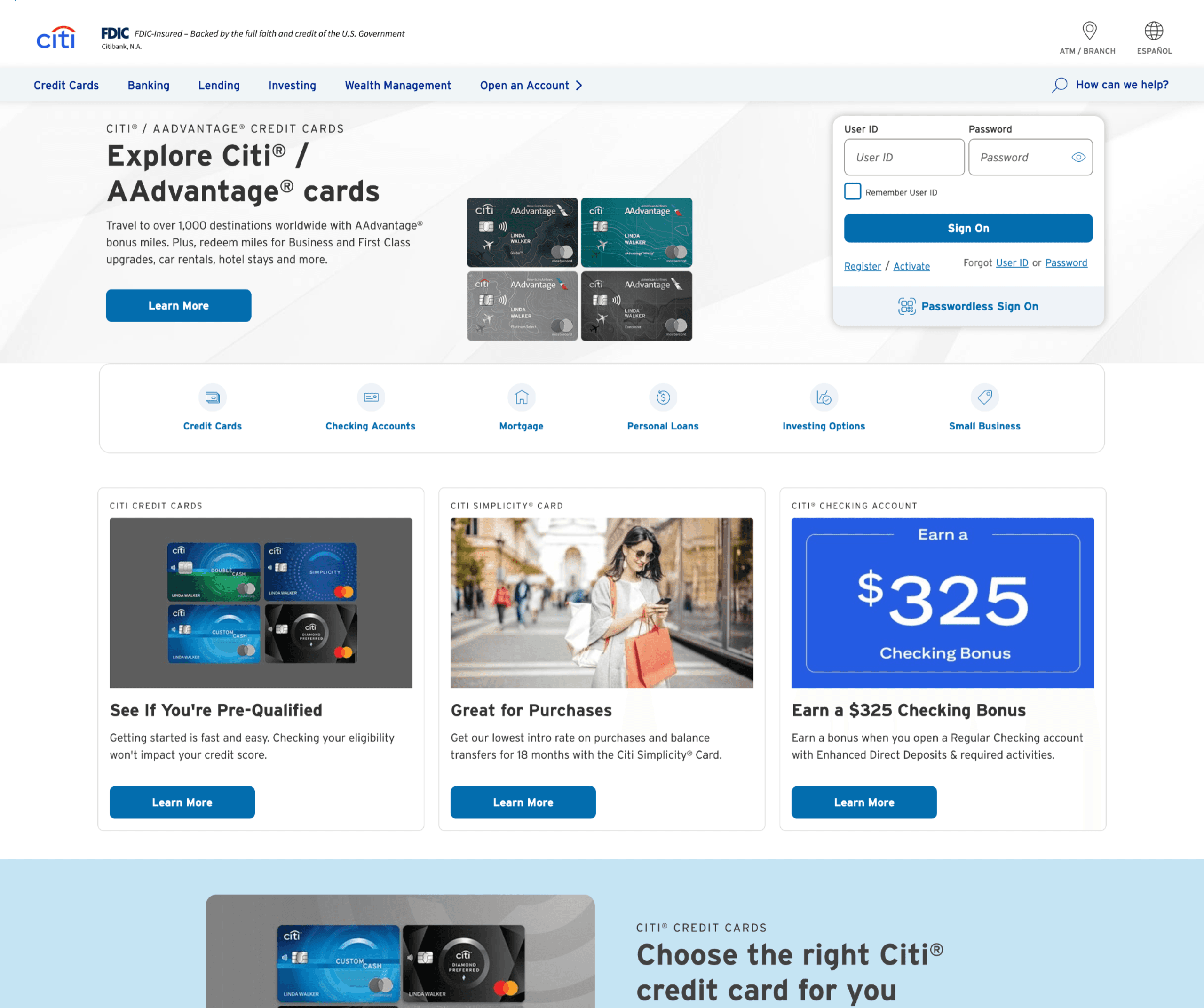 Citi.com public banking site shown alongside the servicing platform